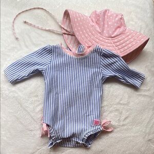 0-3m Rufflebutts Striped Blue and White Baby swimsuit with matching Pink Sun Hat